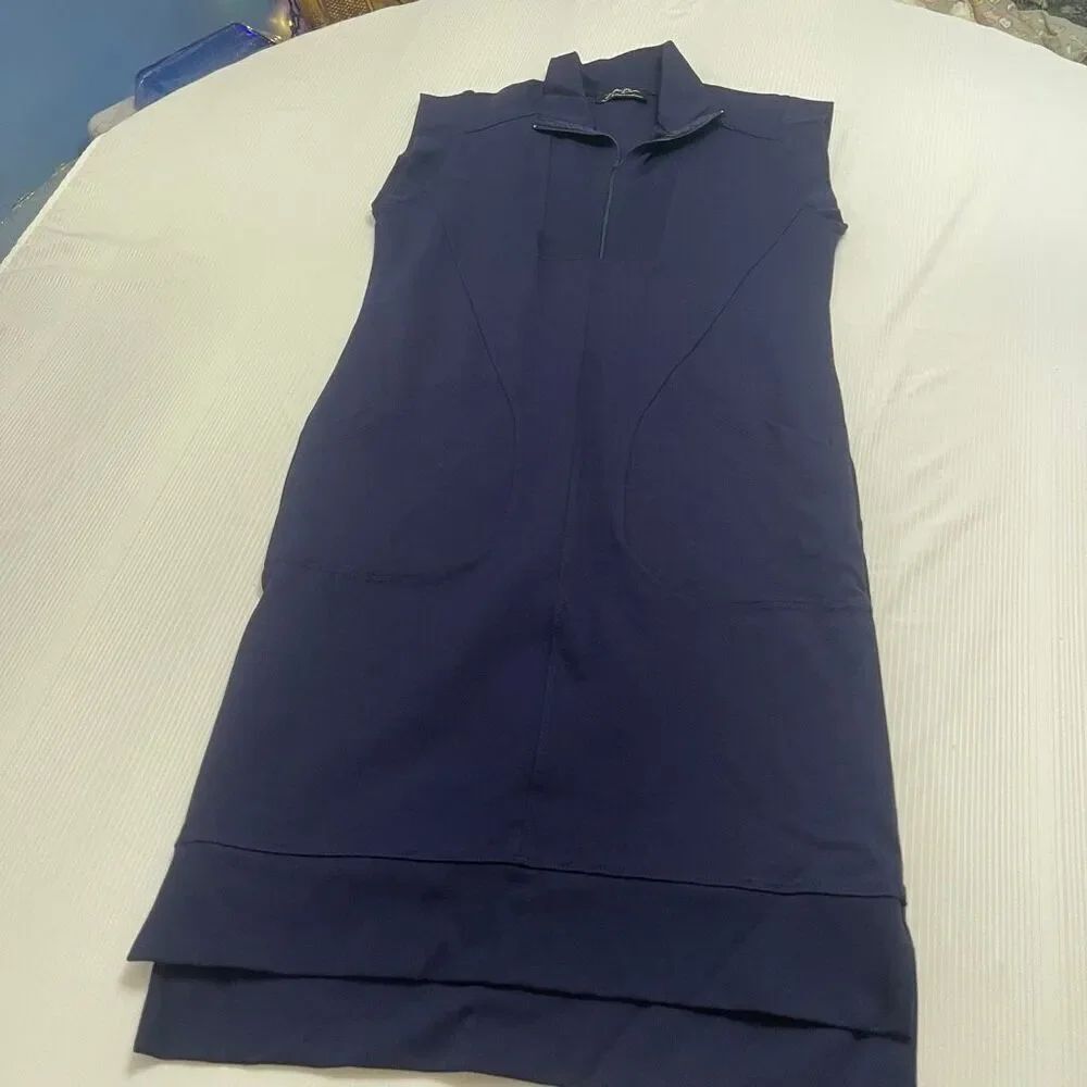 Brigitte Brianna Navy Blue Gia Dress Double Knit Ponte Stretch Mock Neck Medium